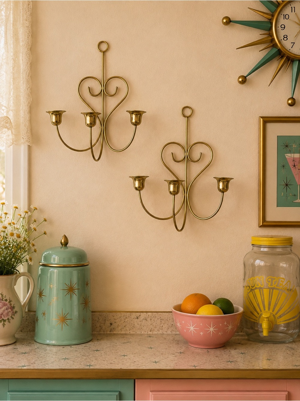 Vintage Set Heart  3 Arm Taper Candle Holder Wall Sconce Granny Cottage Core Art